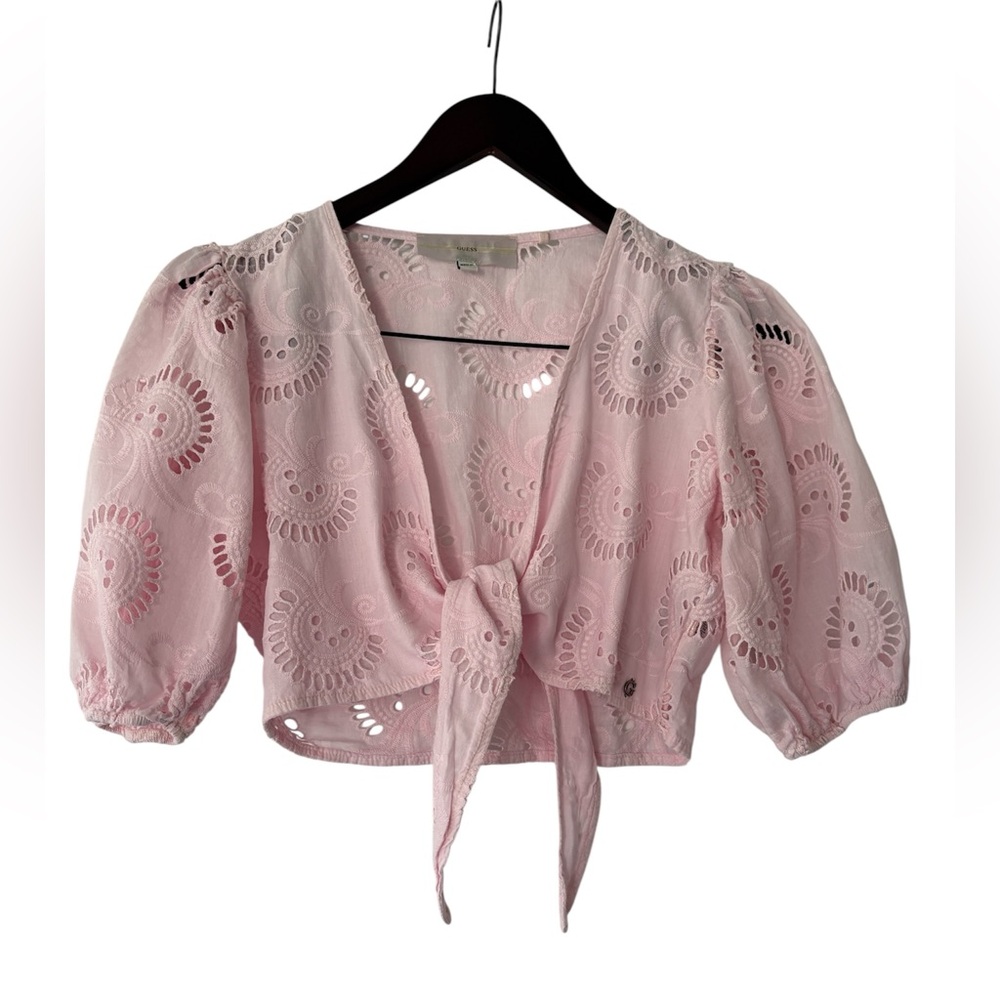 GUESS Baby Pink Eyelet Tie-Front Crop Top - Size XS